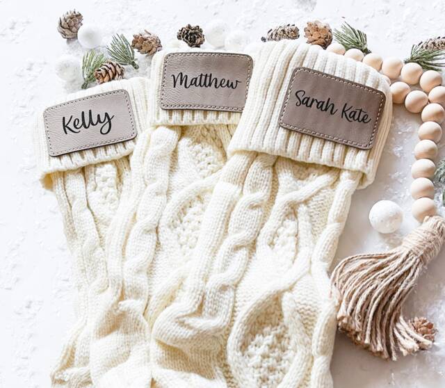 Personalized Knit Christmas Stocking - Engraved Vegan Leather Patch - image 1