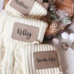 Personalized Knit Christmas Stocking - Engraved Vegan Leather Patch - thumbnail 2