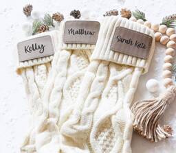 Personalized Knit Christmas Stocking - Engraved Vegan Leather Patch