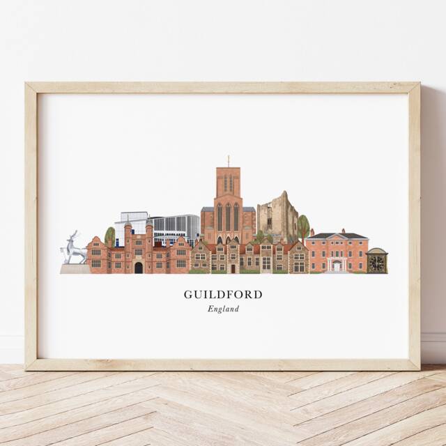 Guildford Skyline Print, Hand Drawn Illustrated Poster, Colourful Wall Art, Housewarming Gift, Detailed Surrey Cityscape - image 1