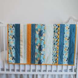 Reduced Blue, Teal, & Gold Baby Quilt For Girl, Floral Blanket, Blue & Teal Flowers Gift, Newborn Blanket - thumbnail 2