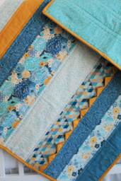 Reduced Blue, Teal, & Gold Baby Quilt For Girl, Floral Blanket, Blue & Teal Flowers Gift, Newborn Blanket - thumbnail 1