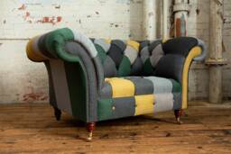 Unique British Handmade 1.5 Seater Patchwork Chesterfield Armchair Snuggle - Green/Yellow/Grey - thumbnail 1