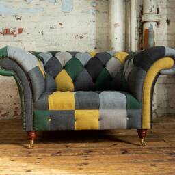 Unique British Handmade 1.5 Seater Patchwork Chesterfield Armchair Snuggle - Green/Yellow/Grey - thumbnail 2