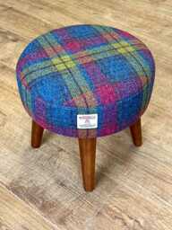 Tartan Harris Tweed Footstool With Dark Varnished Wooden Legs