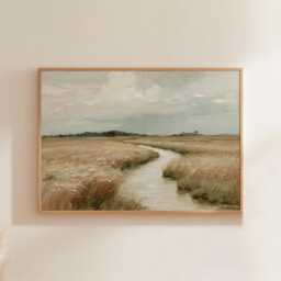 Countryside River Poster, Golden Field Print, Landscape Wall Art, Paper - thumbnail 1