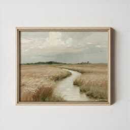 Countryside River Poster, Golden Field Print, Landscape Wall Art, Paper - thumbnail 3