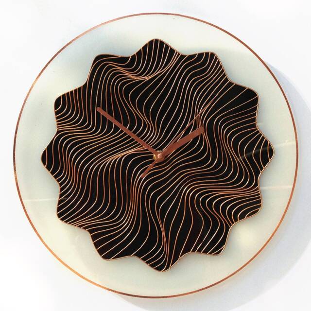 "Black Glass Clock With Hand Painted Copper Lines Illusion Wall Art in 10""-24" - image 1
