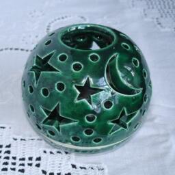 Emerald Green Candle Holder, Celestial Lantern, Stars & Moon Candileria???, Handmade Pottery, Gift - thumbnail 1