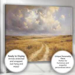 Golden Prairie Path Under Dramatic Cloudy Sky Landscape Canvas Wall Art Print Decor Picture Ready To Hang - thumbnail 3