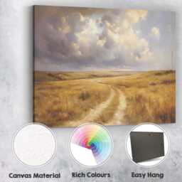 Golden Prairie Path Under Dramatic Cloudy Sky Landscape Canvas Wall Art Print Decor Picture Ready To Hang - thumbnail 2