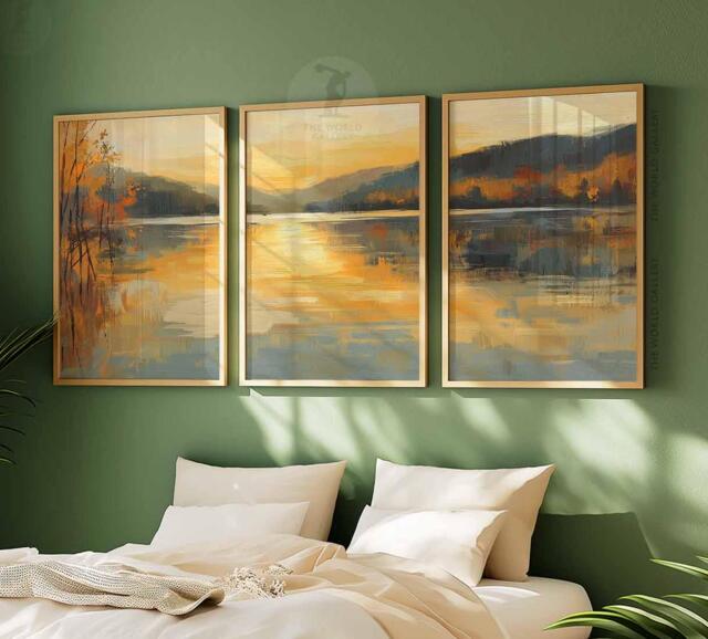 Set Of 3 Golden Landscape Prints, Gold Wall Art, Living Room Art Poster Bedroom Poster, Nature Decor, Warm - image 1