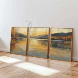 Set Of 3 Golden Landscape Prints, Gold Wall Art, Living Room Art Poster Bedroom Poster, Nature Decor, Warm - thumbnail 3