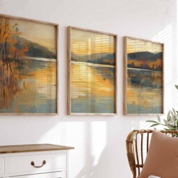 Set Of 3 Golden Landscape Prints, Gold Wall Art, Living Room Art Poster Bedroom Poster, Nature Decor, Warm - thumbnail 2