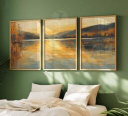 Set Of 3 Golden Landscape Prints, Gold Wall Art, Living Room Art Poster Bedroom Poster, Nature Decor, Warm - thumbnail 1
