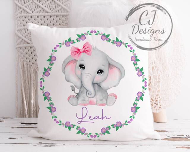 Girls Or Boys Personalised Elephant Cushion Floral Design White Super Soft Cover - image 1
