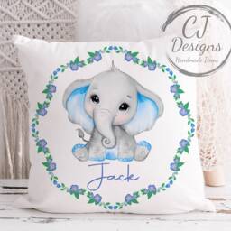 Girls Or Boys Personalised Elephant Cushion Floral Design White Super Soft Cover - thumbnail 2
