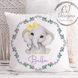Girls Or Boys Personalised Elephant Cushion Floral Design White Super Soft Cover - thumbnail 3
