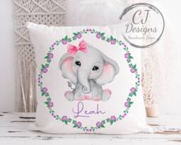 Girls Or Boys Personalised Elephant Cushion Floral Design White Super Soft Cover - thumbnail 1
