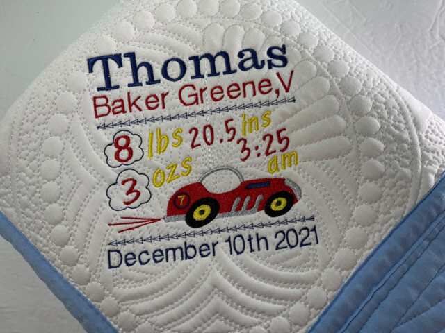 Personalized Race Car Baby Quilt, Embroidered Birth Stats, Keepsake Blanket - image 1