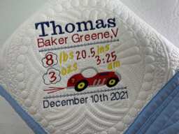 Personalized Race Car Baby Quilt, Embroidered Birth Stats, Keepsake Blanket - thumbnail 1