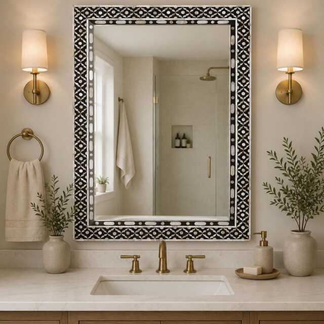 Handmade Black Geometric Mother Of Pearl Inlay Wall Mirror, Decorative Accent Mirror - image 1