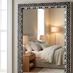 Handmade Black Geometric Mother Of Pearl Inlay Wall Mirror, Decorative Accent Mirror - thumbnail 3