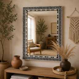 Handmade Black Geometric Mother Of Pearl Inlay Wall Mirror, Decorative Accent Mirror - thumbnail 2