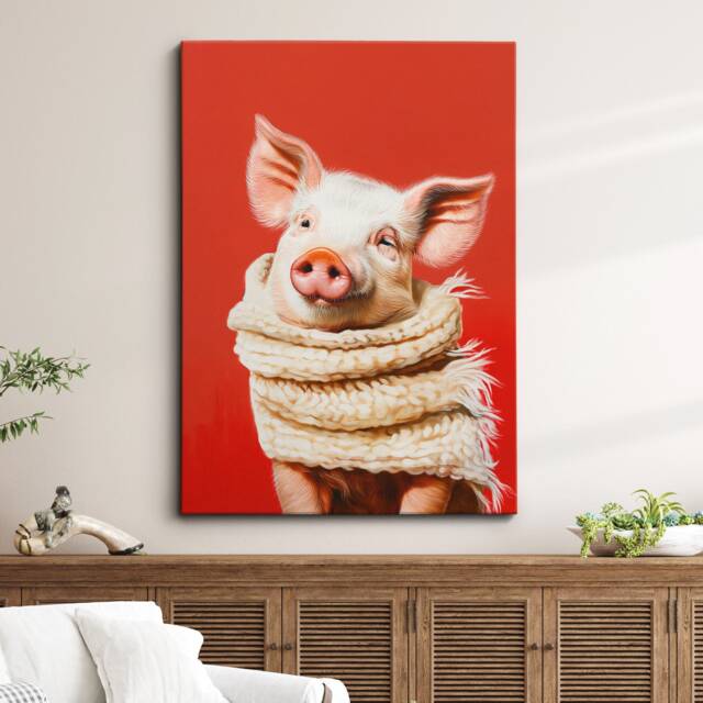 Pig Wearing Beige Scarf Framed Poster Print & Canvas Wall Decor Art Oil Painting Bedroom Home Living Room Funny Animal Lover Gift - image 1