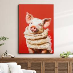 Pig Wearing Beige Scarf Framed Poster Print & Canvas Wall Decor Art Oil Painting Bedroom Home Living Room Funny Animal Lover Gift - thumbnail 1