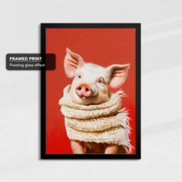 Pig Wearing Beige Scarf Framed Poster Print & Canvas Wall Decor Art Oil Painting Bedroom Home Living Room Funny Animal Lover Gift - thumbnail 2