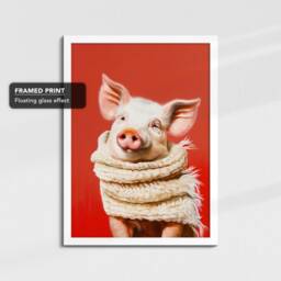 Pig Wearing Beige Scarf Framed Poster Print & Canvas Wall Decor Art Oil Painting Bedroom Home Living Room Funny Animal Lover Gift - thumbnail 3