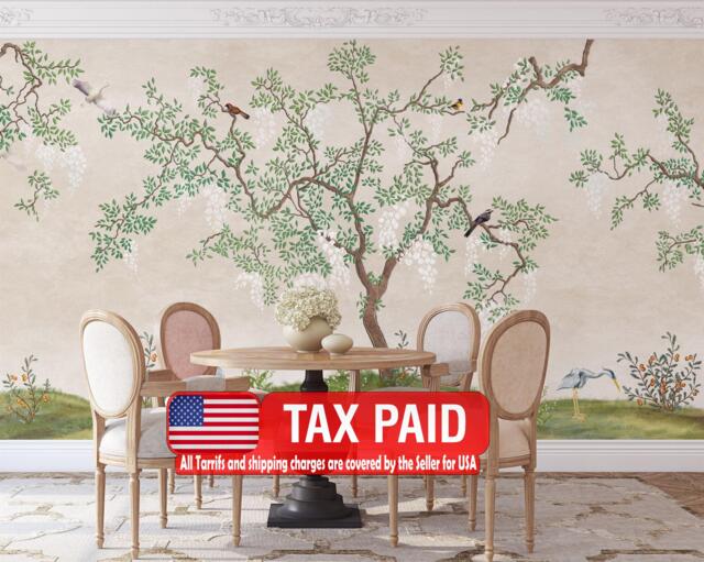 Japanese Garden Mural, Birds Fresco, Flowering Tree Wallpaper, Peel & Stick Decal - image 1