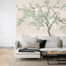 Japanese Garden Mural, Birds Fresco, Flowering Tree Wallpaper, Peel & Stick Decal - thumbnail 2