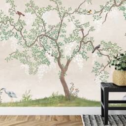Japanese Garden Mural, Birds Fresco, Flowering Tree Wallpaper, Peel & Stick Decal - thumbnail 3