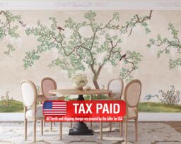 Japanese Garden Mural, Birds Fresco, Flowering Tree Wallpaper, Peel & Stick Decal - thumbnail 1