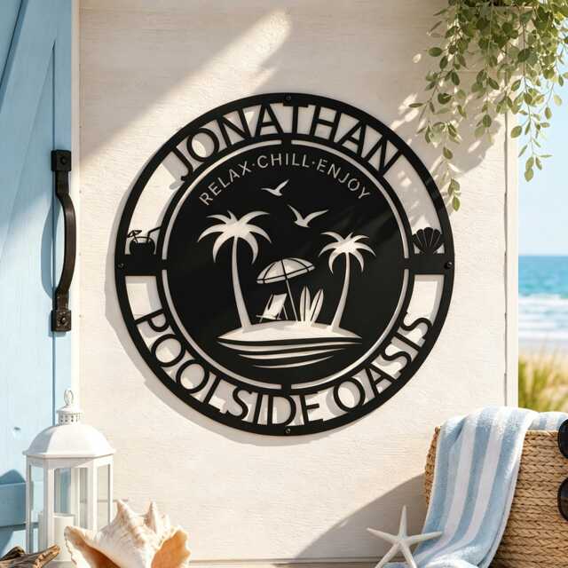 Custom Family Name Poolside Oasis Metal Wall Sign, Beach Lounge Chair Umbrella Outdoor Pool Patio Decor, Weatherproof Housewarming Gift - image 1
