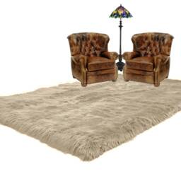 Round Faux Fur Shag Rug, White/Off White, Hand Crafted - thumbnail 1