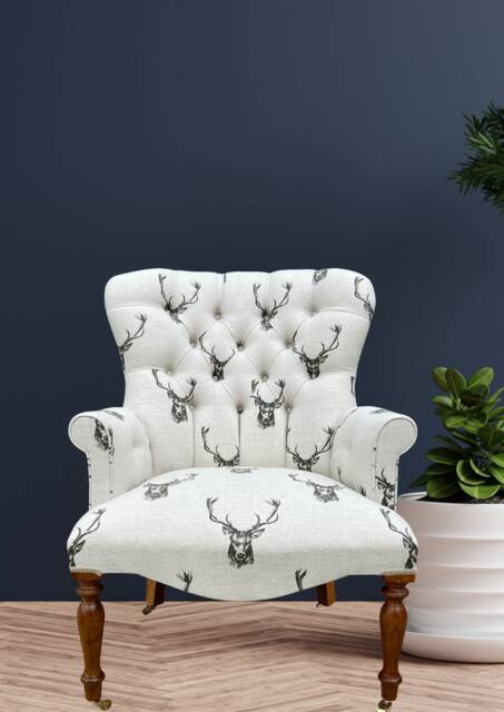 Armchair Chair Seat Covered in A Natural Fabric With Stag Deer Animal Print. Brown - image 1