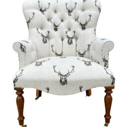 Armchair Chair Seat Covered in A Natural Fabric With Stag Deer Animal Print. Brown - thumbnail 3