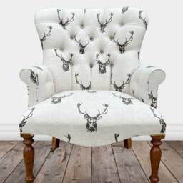 Armchair Chair Seat Covered in A Natural Fabric With Stag Deer Animal Print. Brown - thumbnail 2