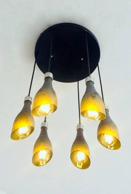 Wine Bottle Chandelier - Industrial Light Fixture Made From 6 Frosted Bottles For Home & Bar Lighting - image 1