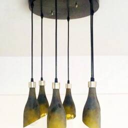 Wine Bottle Chandelier - Industrial Light Fixture Made From 6 Frosted Bottles For Home & Bar Lighting - thumbnail 3