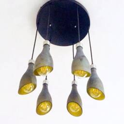 Wine Bottle Chandelier - Industrial Light Fixture Made From 6 Frosted Bottles For Home & Bar Lighting - thumbnail 2