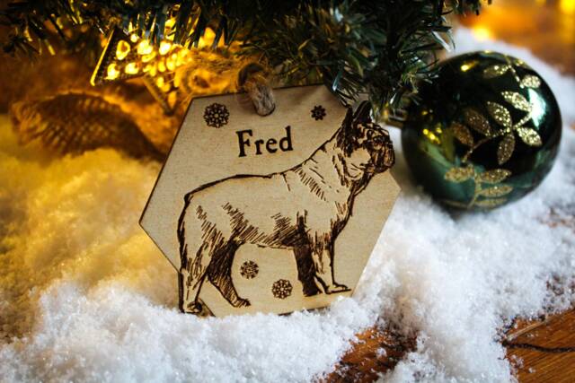 French Bulldog Personalised Wooden Bauble Ornament Dog Name Breed Gift Quirky Rustic Laser Wood Burned Ornate Lover Pet Decoration - image 1