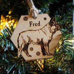French Bulldog Personalised Wooden Bauble Ornament Dog Name Breed Gift Quirky Rustic Laser Wood Burned Ornate Lover Pet Decoration - thumbnail 3