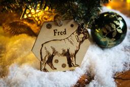 French Bulldog Personalised Wooden Bauble Ornament Dog Name Breed Gift Quirky Rustic Laser Wood Burned Ornate Lover Pet Decoration