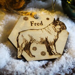 French Bulldog Personalised Wooden Bauble Ornament Dog Name Breed Gift Quirky Rustic Laser Wood Burned Ornate Lover Pet Decoration - thumbnail 4