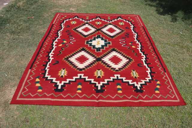 8x10 Rustic Red Large Navajo Rug, Southwestern Navaho Boho Wool Tribal Flat Weave Kilim Bohemian Decor Indian Handmade Rug - image 1