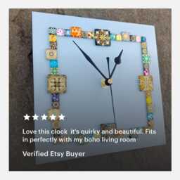 Blue Square Wall Clock 20cm - Handmade Glass Mosaic Modern Home Decor - thumbnail 2